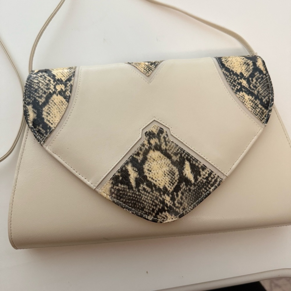 Neutral Snakeskin Accent Crossbody Bag | Beige Envelope Minimalist Shoulder - Picture 3 of 10